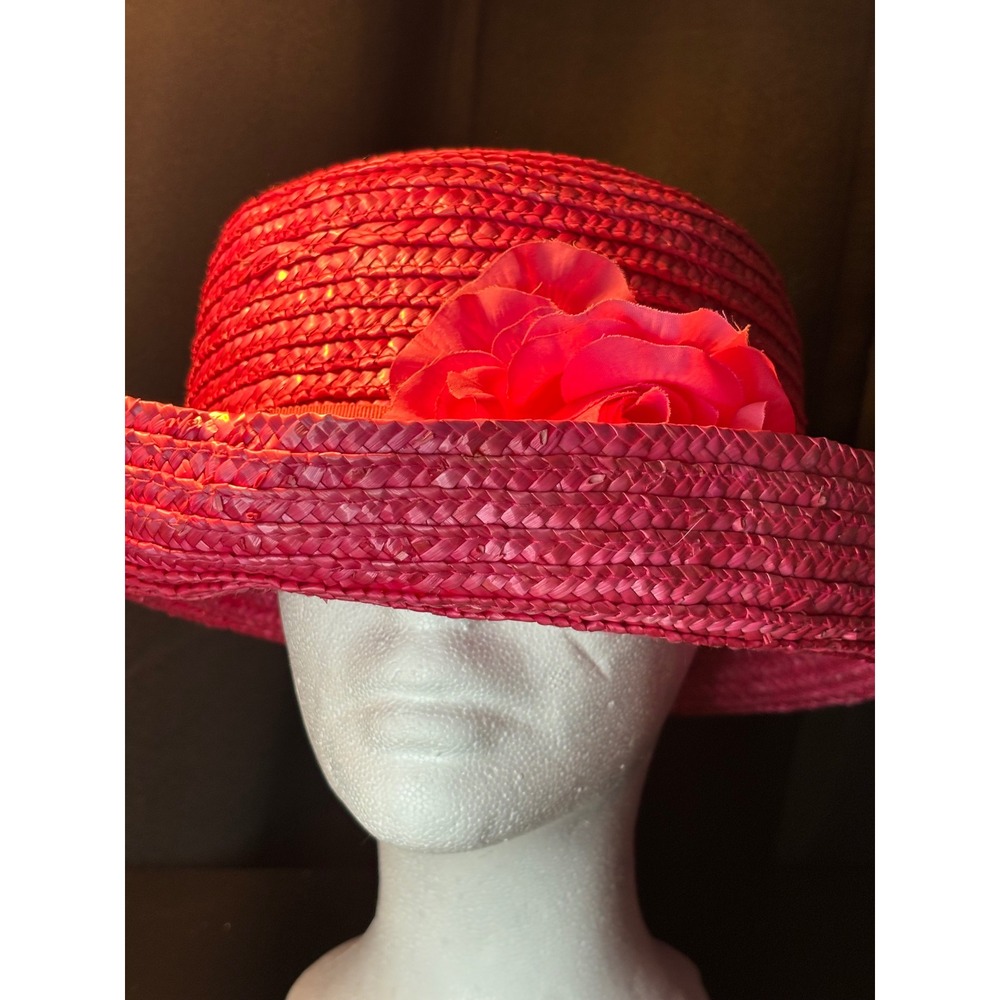 Vintage Magenta Pink Straw Sun Hat Wide Brim Floral Ribbon Accent Summer Beach